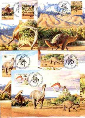 Australia 1993 Prehistoric Animals complete set of 6 each on separate maximum card with special first day cancel, SG 1423-28, stamps on dinosaurs, stamps on ferns