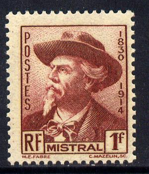 France 1941 Frederic Mistral (poet) 1f brown-lake unmounted mint SG 698, stamps on personalities, stamps on literature, stamps on poetry