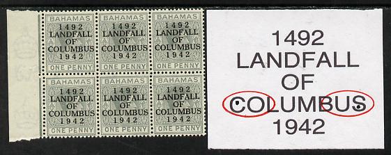 Bahamas 1942 KG6 Landfall of Columbus 1d pale slate marginal block of 6 from left pane showing Split P on R7/1 (plate variety), Flaw in C on R7/3 & Flaw in S on R8/2 unmo..., stamps on columbus, stamps on  kg6 , stamps on 