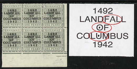 Bahamas 1942 KG6 Landfall of Columbus 1d pale slate SE corner block of 6 from left pane showing Flaw in first U on R9/4, flaw in OF on R10/4 & Damaged A on R10/5 unmounted mint, stamps on columbus, stamps on  kg6 , stamps on 
