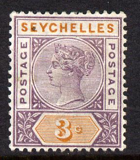 Seychelles 1893 QV Key Plate Crown CA die II - 3c dull purple & orange mounted mint SG 22, stamps on , stamps on  qv , stamps on 