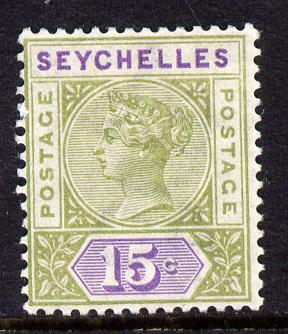 Seychelles 1893 QV Key Plate Crown CA die II - 15c sage-green & lilac mounted mint SG 24, stamps on , stamps on  qv , stamps on 