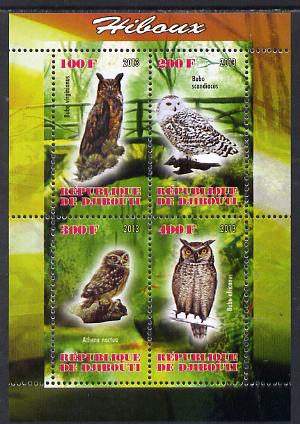 Djibouti 2013 Owls #1 perf sheetlet containing 4 values unmounted mint, stamps on birds, stamps on birds of prey, stamps on owls