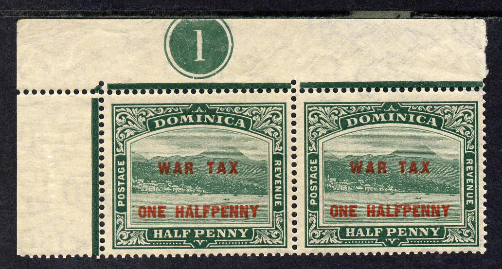 Dominica 1916 KG5 War Stamp 1/2d on 1/2d deep green NW corner pair with plate no.1 unmounted mint, SG 55, stamps on , stamps on  kg5 , stamps on  ww1 , stamps on 