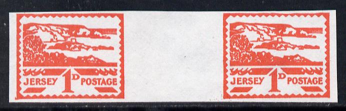 Jersey 1943-44 Occupation 1d scarlet imperf inter-paneau gutter pair as designed by Blampied on ungummed paper and assumed to be a reprint, as SG 4, stamps on , stamps on  kg5 , stamps on  ww2 , stamps on 