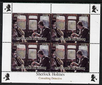 Congo 2013 Sherlock Holmes #1b perf sheetlet containing 4 vals (top right design from sheet #1) unmounted mint. Note this item is privately produced and is offered purely..., stamps on crime, stamps on films, stamps on  tv , stamps on films, stamps on cinema, stamps on movies, stamps on literature, stamps on smoking, stamps on tobacco, stamps on railways