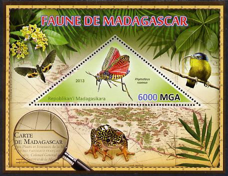 Madagascar 2013 Fauna - Phymateus Grasshopper perf sheetlet containing one triangular value unmounted mint, stamps on triangulars, stamps on maps, stamps on animals, stamps on insects, stamps on birds, stamps on frogs, stamps on butterflies