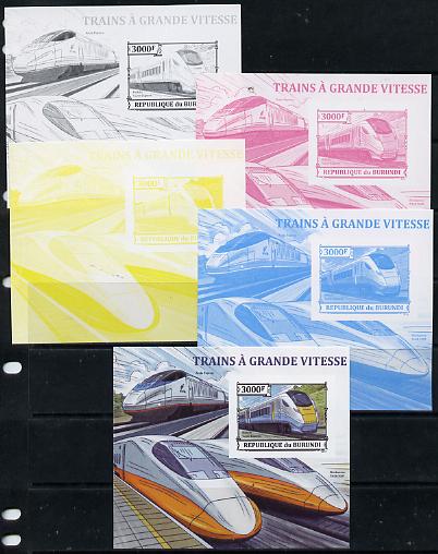Burundi 2013 High Speed Trains - Hitachi Super Express deluxe sheet - the set of 5 imperf progressive proofs comprising the 4 individual colours plus all 4-colour composite, unmounted mint , stamps on railways