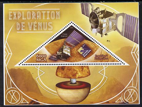 Madagascar 2014 Exploration of Venus perf souvenir sheet containing triangular shaped value unmounted mint , stamps on shaped, stamps on triangular, stamps on space, stamps on planets