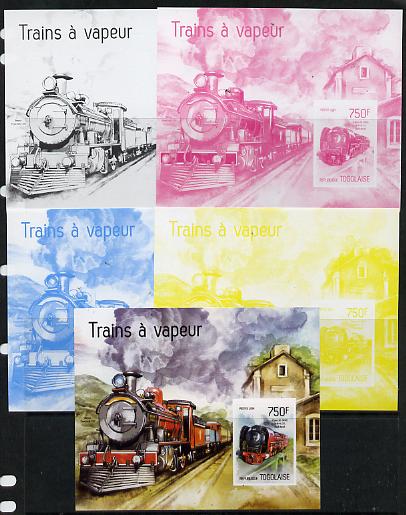 Togo 2014 Steam Locomotives imperf s/sheet A - the set of 5 imperf progressive proofs comprising the 4 individual colours plus all 4-colour composite, unmounted mint , stamps on railways