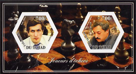 Chad 2014 Chess Players #1 imperf sheetlet containing two hexagonal-shaped values unmounted mint , stamps on shaped, stamps on hexagon, stamps on hexagonal, stamps on chess, stamps on personalities