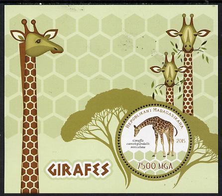 Madagascar 2015 Giraffes perf deluxe sheet containing one circular value unmounted mint, stamps on animals, stamps on giraffes, stamps on shaped, stamps on circular