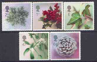 Great Britain 2002 Christmas - Plants self-adhesive set of 5 SG 2321-25, stamps on christmas, stamps on self adhesive, stamps on flowers