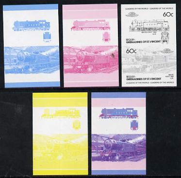 St Vincent - Bequia 60c Baltic (4-6-4T) set of 5 imperf progressive colour proofs in se-tenant pairs comprising the 4 basic colours plus blue & magenta composite (5 pairs) unmounted mint, stamps on railways