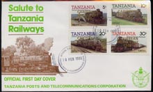 Tanzania 1985 Locomotives perf set of 4 with 'Caribbean Royal Visit 1985' opt in gold on cover with first day cancel, stamps on railways, stamps on royalty, stamps on royal visit