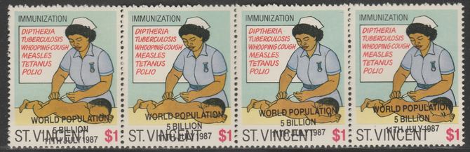St Vincent 1987 Child Health $1 value opt'd World Population Control horiz strip of 4 with opt applied obliquely unmounted mint, SG 1056var, stamps on children, stamps on environment, stamps on medical, stamps on census, stamps on population, stamps on nurses, stamps on clocks