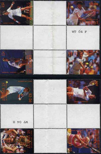 St Vincent - Bequia 1988 International Tennis Players set of 8 in se-tenant cross-gutter block (folded through gutters) from uncut archive proof sheet, some split perfs & wrinkles but a rare archive item unmounted mint, stamps on sport  tennis