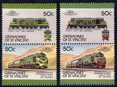 St Vincent - Grenadines 1987 Locomotives #8 (Leaders of the World) 50c Western Australia Class X unmounted mint se-tenant pair with red omitted plus Se-tenant pair optd S..., stamps on railways