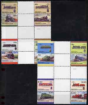 St Vincent - Union Island 1987 Locomotives #7 (Leaders of the World) set of 16 in se-tenant cross-gutter block (folded through gutters) from uncut archive proof sheet, some split perfs & wrinkles but a rare archive item unmounted mint, stamps on railways