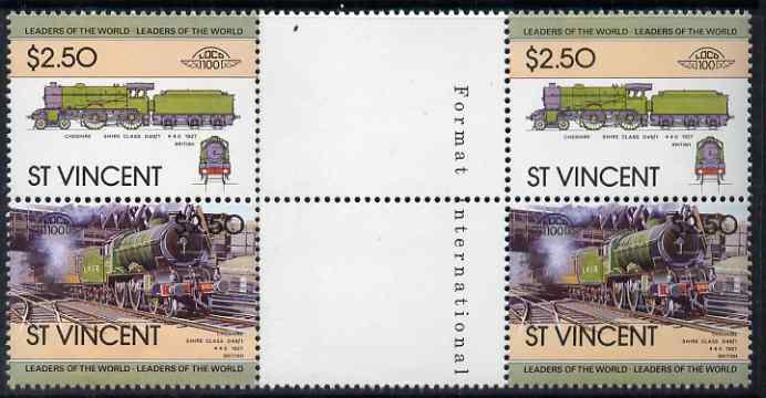 St Vincent 1983 Locomotives #1 (Leaders of the World) $2.50 se-tenant gutter pair (correctly inscribed '4-4-0') unmounted mint from uncut proof sheets (additional sheets of this value were printed to compensate for the '4-6-0' inscription error) SG 756a, stamps on railways