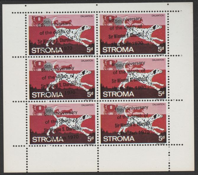 Stroma 1970 Dogs 5d (Dalmation) opt'd '6th Anniversary of Death of Sir Winston Churchill' in error, and corrected to 5th - sheetlet of 6 with original opt misplaced so that 5th does not cover 6th, stamps on dogs, stamps on dalmations, stamps on churchill