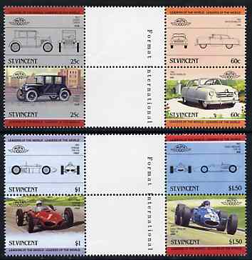 St Vincent 1985 Cars #4 (Leaders of the World) set of 8 in se-tenant gutter pairs (folded through gutters or perfs) from uncut archive proof sheets unmounted mint (SG 884-91), stamps on cars    racing cars    eagle   ferrari    nash    essex