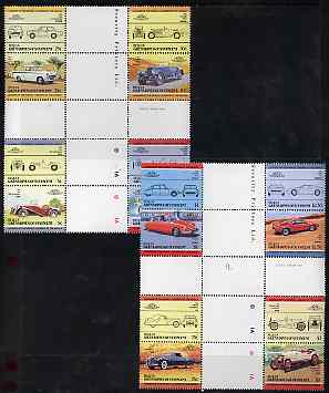 St Vincent - Bequia 1984 Cars #2 (Leaders of the World) set of 16 in se-tenant cross-gutter blocks (folded through gutters or perfs) from uncut archive proof sheet, some split perfs & wrinkles but a rare archive item unmounted mint, stamps on , stamps on  stamps on cars     lincoln    citroen    bmw     hispano   fiat    marmon    ford lotus    leyland