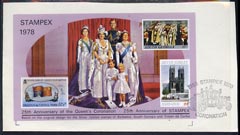 Exhibition souvenir sheet for 1978 Stampex showing  Silver Jubilee stamps from Barbados, S Georgia & Tristan on piece with special Stampex cancel, stamps on stamp exhibitions, stamps on royalty      cinderella