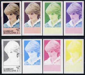 Gairsay 1982 Princess Di's 21st Birthday imperf souvenir sheet (\A31 value) set of 8 progressive proofs comprising the 4 individual colours plus two 2-colour, 3 and all 4-colour composites unmounted mint, stamps on royalty     diana 