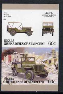 St Vincent - Bequia 1987 Cars #7 (Leaders of the World) 60c (1942 Willys MB Jeep) imperf se-tenant proof pair in issued colours from limited printing unmounted mint*, stamps on cars        jeep      militaria