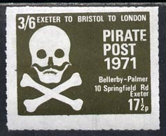 Cinderella - Great Britain 1971 Pirate Post (Exeter to Bristol to London) 17.5p-3s6d rouletted label in blackish-green depicting Skull & Cross-bones unmounted mint*, stamps on cinderella        pirates