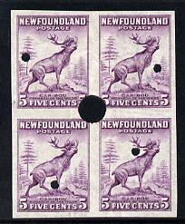 Newfoundland 1941-44 KG6 Caribou 5c imperf marginal PROOF block of 4 each stamp with Waterlow security punch hole, some wrinkles but a scarce KG6 item (as SG 280), stamps on , stamps on  kg6 , stamps on deer, stamps on animals