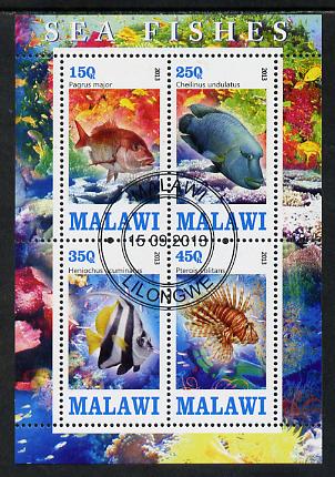 Malawi 2013 Fish #1 perf sheetlet containing 4 values fine cds used, stamps on fish