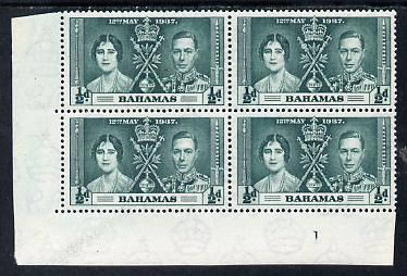 Bahamas 1937 KG6 Coronation 1/2d corner plate block of 4 with plate 1 unmounted mint (Coronation plate blocks are rare) SG 146, stamps on coronation, stamps on royalty, stamps on  kg6 , stamps on 