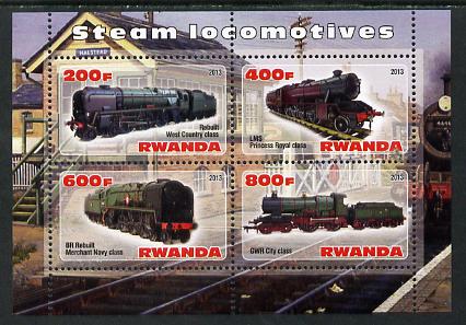Rwanda 2013 Steam Locos #3 perf sheetlet containing 4 values unmounted mint, stamps on railways