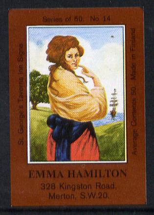 Match Box Labels - Emma Hamilton (No.14 from a series of 50 Pub signs) dark brown background, very fine unused condition (St George's Taverns), stamps on womenmpersonalities, stamps on nelson