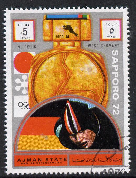 Ajman 1972 Sapporo Winter Olympic Gold Medallists - West Germany Pflug Speed Skating 5r cto used Michel 1645, stamps on olympics, stamps on skating