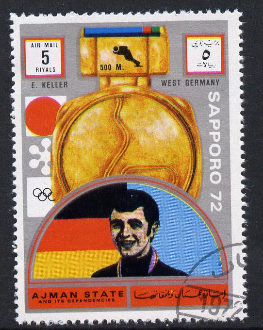 Ajman 1972 Sapporo Winter Olympic Gold Medallists - West Germany Keller Speed Skating 5r cto used Michel 1662, stamps on olympics, stamps on skating