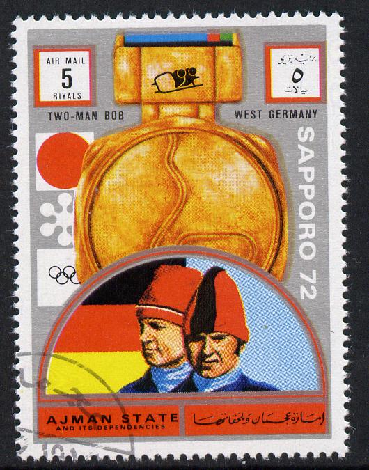 Ajman 1972 Sapporo Winter Olympic Gold Medallists - West Germany Two-man Bob Sled 5r cto used Michel 1668, stamps on olympics, stamps on 