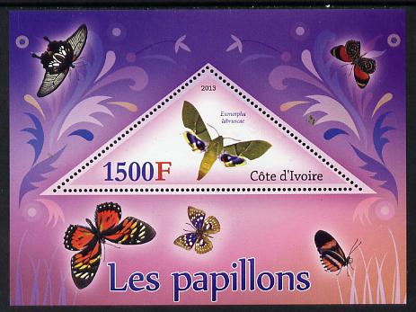 Ivory Coast 2013 Butterflies #2 perf deluxe sheet containing one triangular value unmounted mint, stamps on butterflies, stamps on triagulars