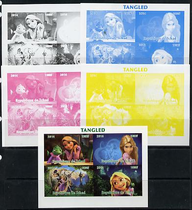 Chad 2014 Walt Disney's Tangled sheetlet containing 4 values - the set of 5 imperf progressive proofs comprising the 4 individual colours plus all 4-colour composite, unmounted mint , stamps on films, stamps on movies, stamps on cinema, stamps on cartoons, stamps on disney, stamps on 