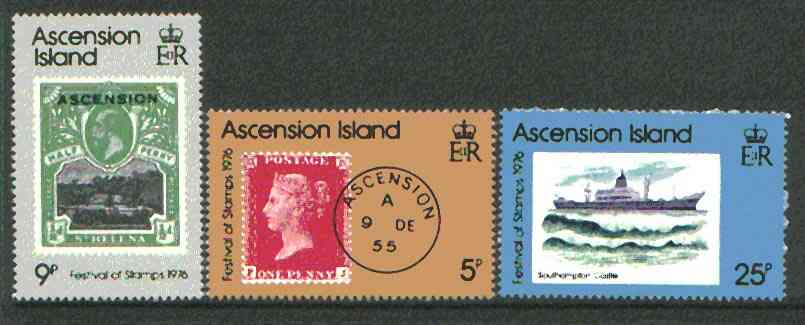 Ascension 1976 Festival of Stamps set of 3 unmounted mint, SG 215-17*, stamps on ships, stamps on stamp on stamp, stamps on stamponstamp