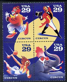 United States 1993 Circus Bicentenary se-tenant block of 4 unmounted mint SG 2784a, stamps on circus, stamps on clowns, stamps on elephants
