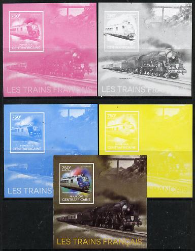 Central African Republic 2014 Trains of France #3 deluxe sheetlet - the set of 5 imperf progressive proofs comprising the 4 individual colours plus all 4-colour composite..., stamps on railways