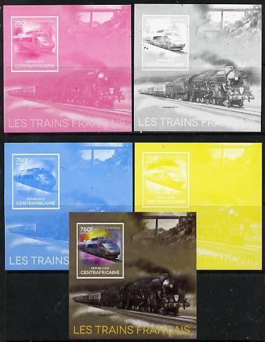 Central African Republic 2014 Trains of France #4 deluxe sheetlet - the set of 5 imperf progressive proofs comprising the 4 individual colours plus all 4-colour composite..., stamps on railways
