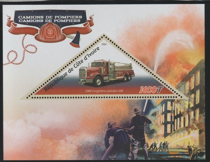 Ivory Coast 2016 Fire Fighting perf deluxe sheet containing one triangular value unmounted mint, stamps on triangular, stamps on shaped, stamps on fire