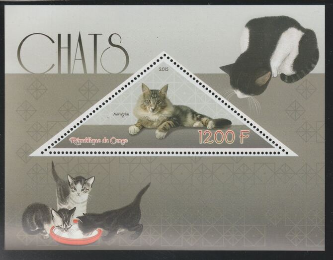 Congo 2015 Domestic Cats perf deluxe sheet containing one triangular value unmounted mint, stamps on triangular, stamps on shaped, stamps on cats