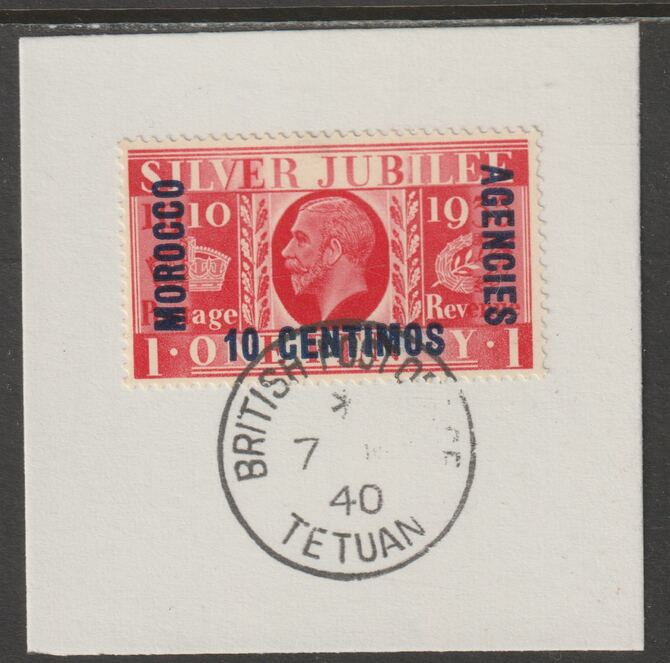 Morocco Agencies - Spanish 1935 KG5 Silver Jubilee 10c on 1d (SG 150) on piece with full strike of Madame Joseph forged postmark type 89, stamps on , stamps on  kg5 , stamps on silver jubilee, stamps on castles , stamps on forgery