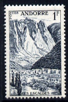 Andorra - French 1955-58 Les Escaldes 1f slate-blue unmounted mint SG F144, stamps on mountains