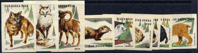 Match Box Labels - the set of 9 Animals from Animals & Birds set, superb unused condition (Czechoslovakian Ziva Krasa CSSR series), stamps on animals    badger       rabbits     fox       dogs, stamps on  fox , stamps on foxes, stamps on  